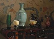 Hubert Vos Asian Still Life with Blue Vase, oil painting by Hubert Vos Spain oil painting artist